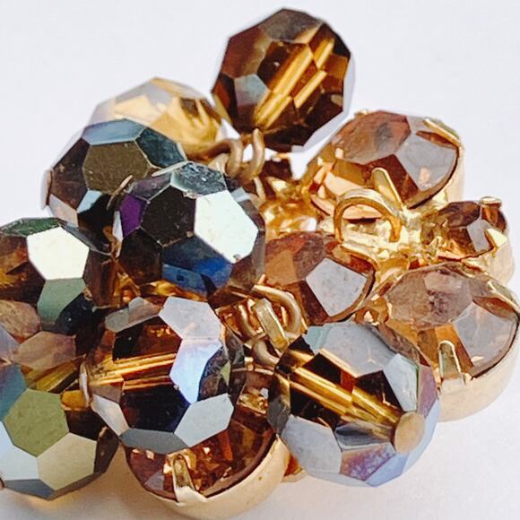 VTG Juliana Mid Century Cha Cha Brooch Earrings Set Gold Tone AB Beads Root Beer - Picture 10 of 14